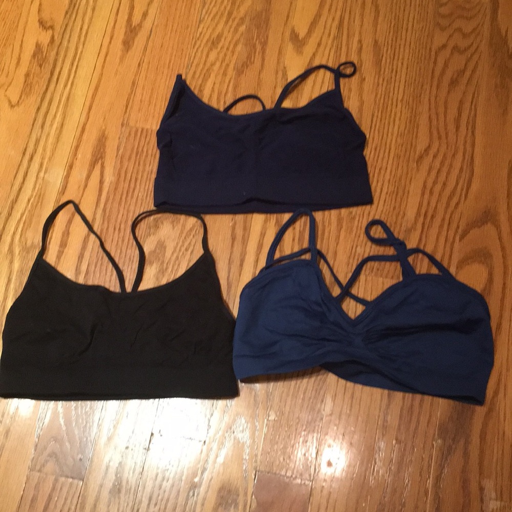 3 black and dark blue training bras